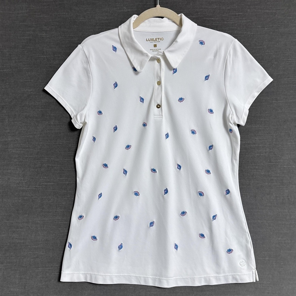 Lilly Pulitzer Luxletic Polo Shirt Womens Large‎ White Embroidered Golf Shell
